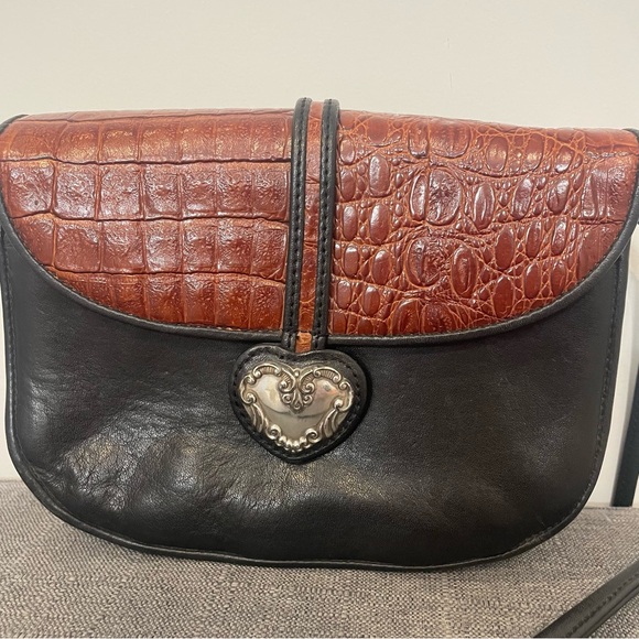 BRIGHTON Brown Croc Embossed and Black Leather Small Flap Crossbody - Picture 2 of 11